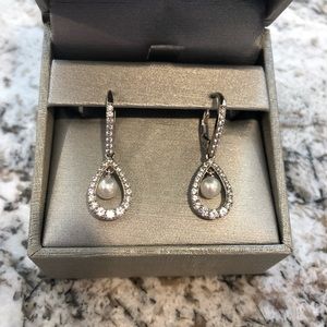 Pearl and White Sapphire Drop Earrings